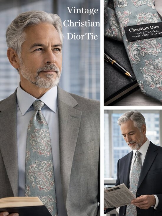 Vintage Christian Dior Silk Tie Made in USA Fabric Woven in Italy Sage Paisley - Picture 2 of 7